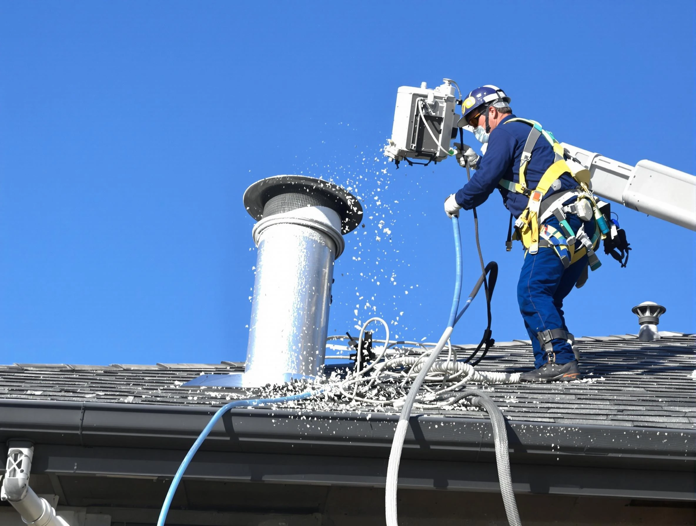 Short Pump Dryer Vent Cleaning certified technician safely cleaning a roof-mounted dryer vent in Short Pump