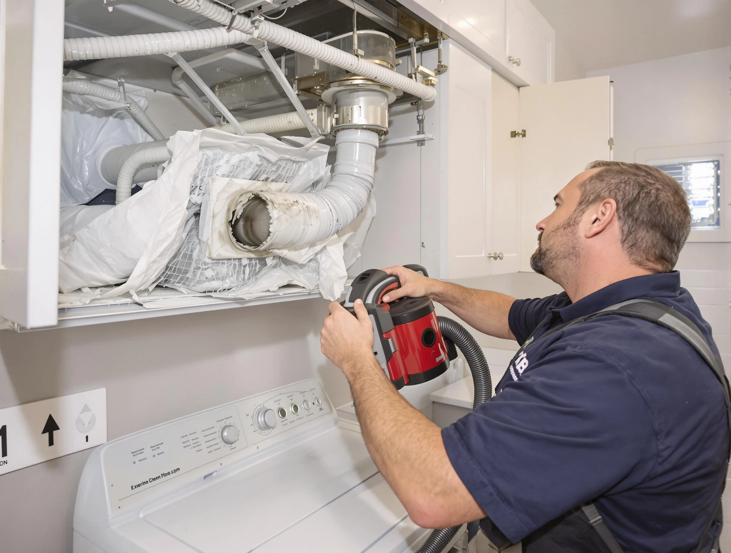 Short Pump Dryer Vent Cleaning technician performing professional exhaust vent cleaning at a residential property in Short Pump